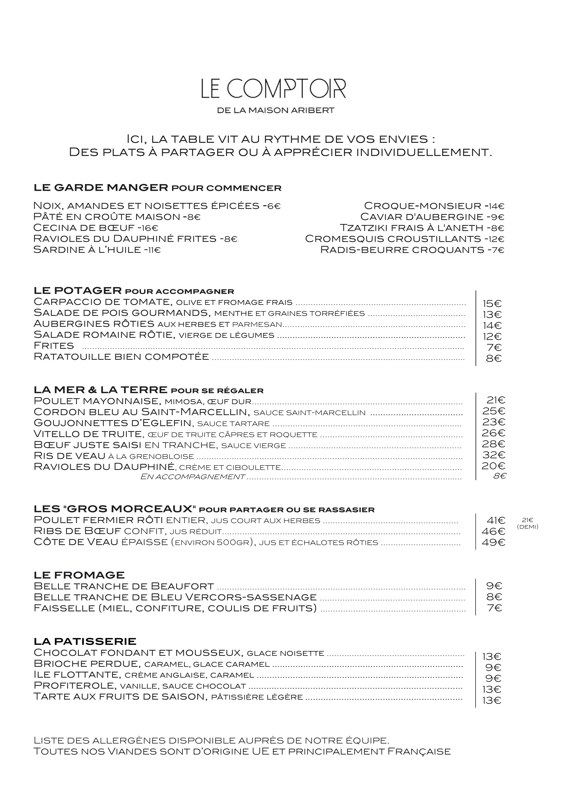 Première page de la carte du Comptoir de la Maison Aribert
